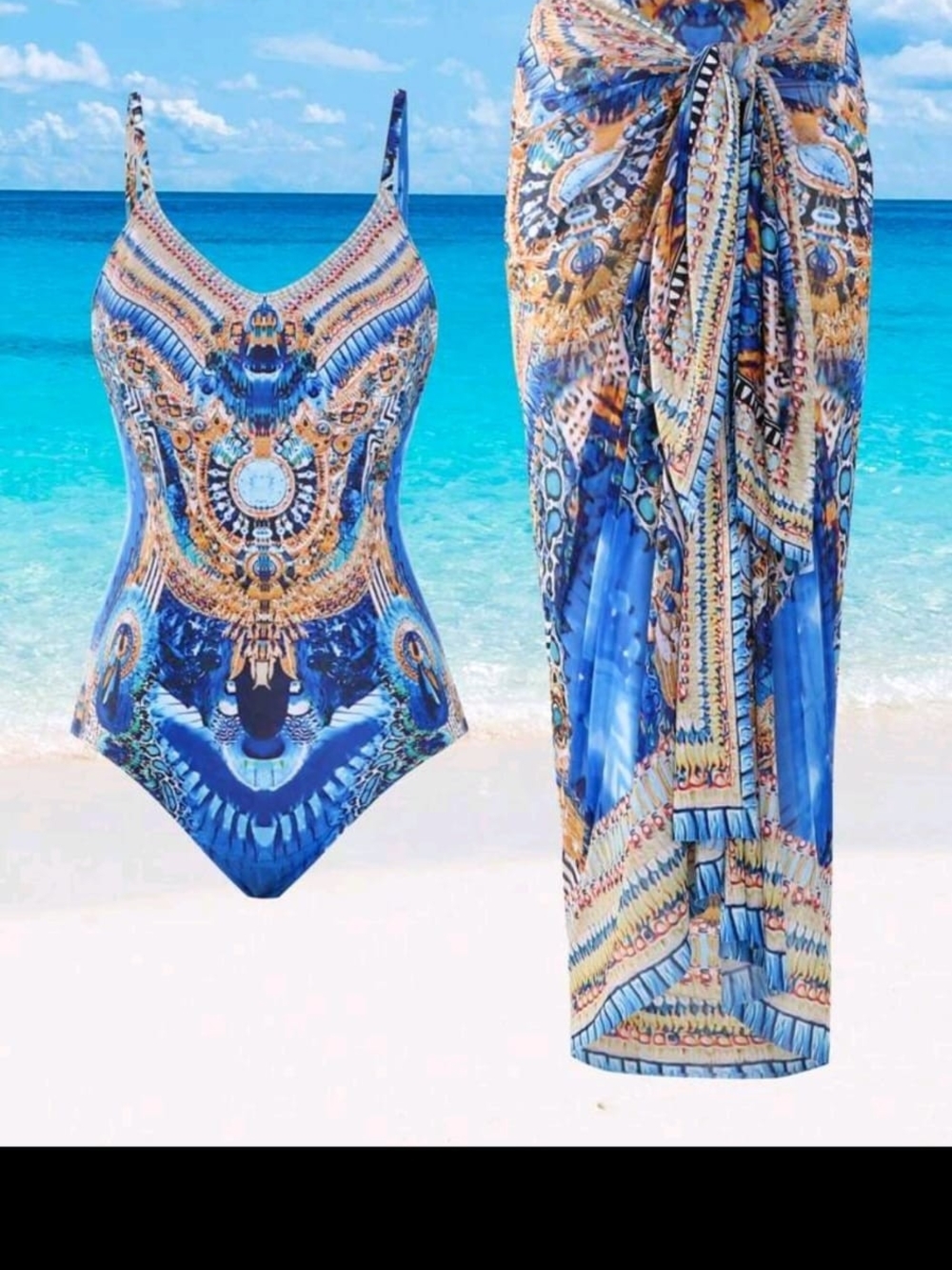 Blue Printed Girls' One-Piece Swimsuit with Sarong